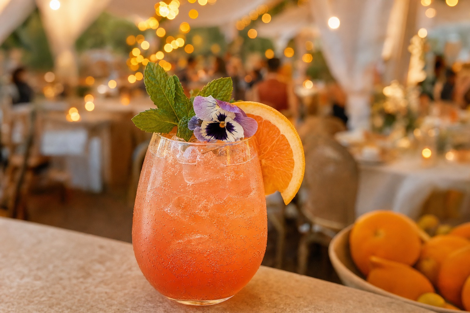 Close-up of a signature mocktail with fresh garnish