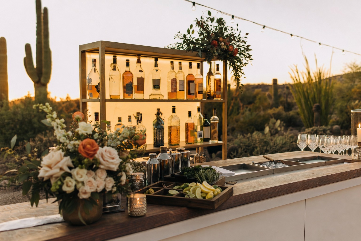 Elegant mobile bar setup at a Tucson wedding reception